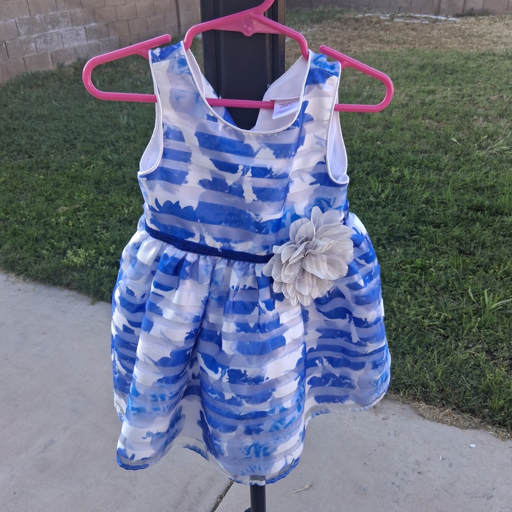 Youngland Blue and White Floral Stripe Sleeveless Party Dress with Flower Accent
